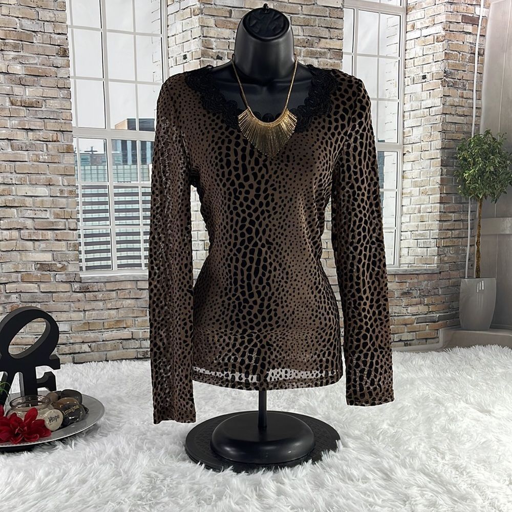 Women’s Deco Style Brown & Black Lace & Embroidered Textured Shirt (L) EC07